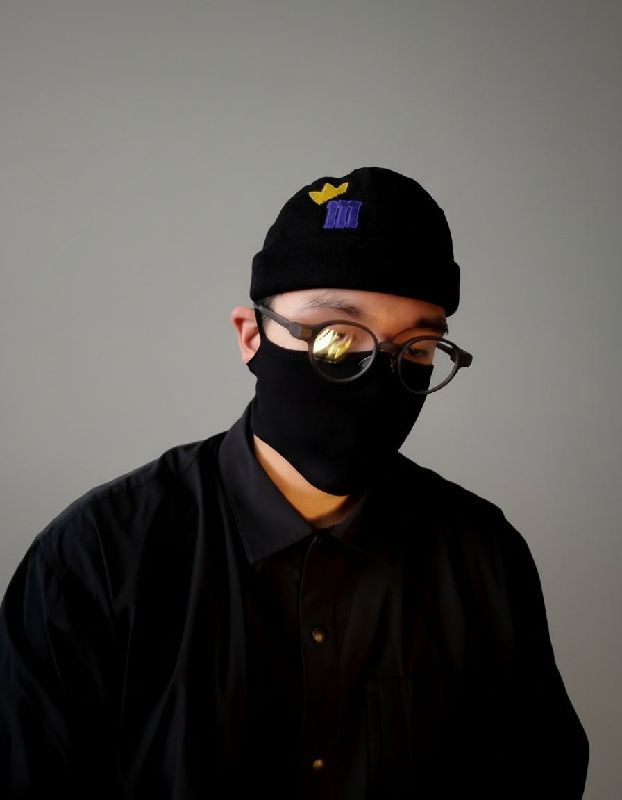MAKETH close-up — beanie, mask, golden lens reflection